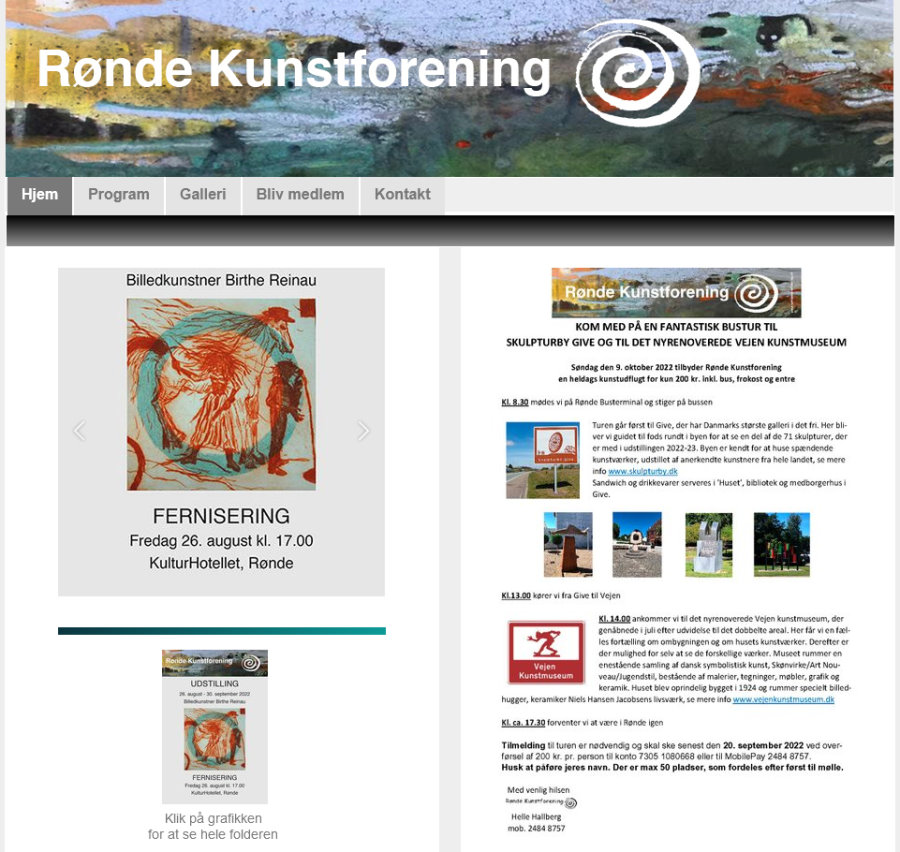 Billedet viser forsiden på Rønde Kunstforenings hjemmeside