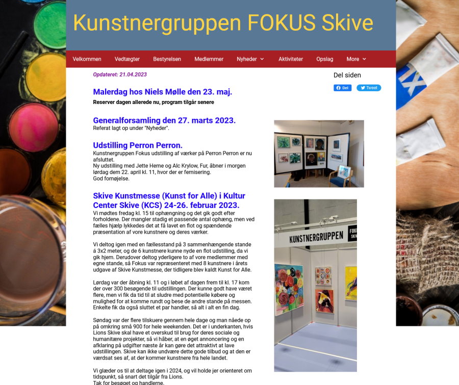 Billedet viser forsiden på Kunstnergruppen FOKUS hjemmeisde med link til aktivitetssiden