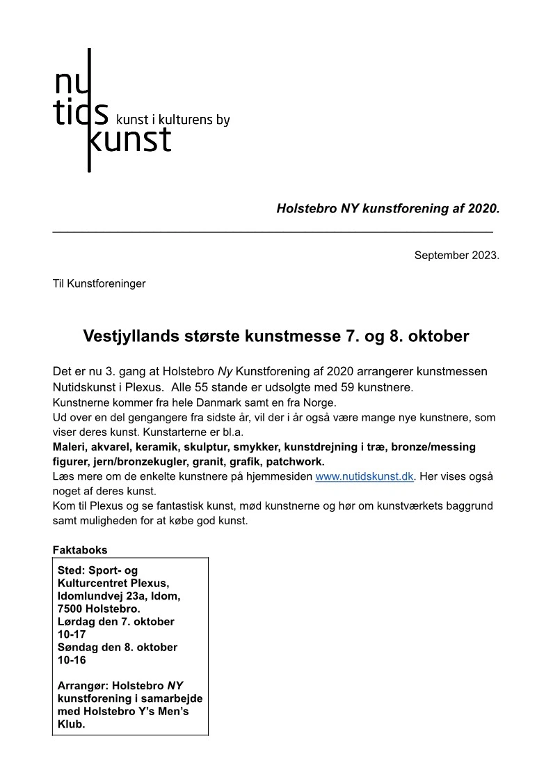 Invitation til Holstebro NY KUnstforenings kunstmesse 20240